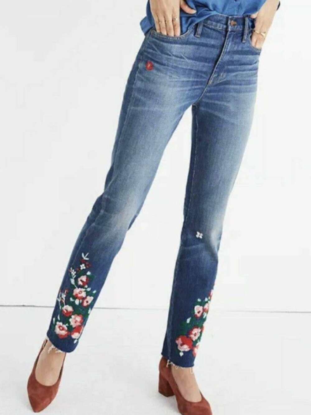 Madewell High-Rise Slim Boyjean Embroidered Floral  Raw Hem Jeans Size 30
